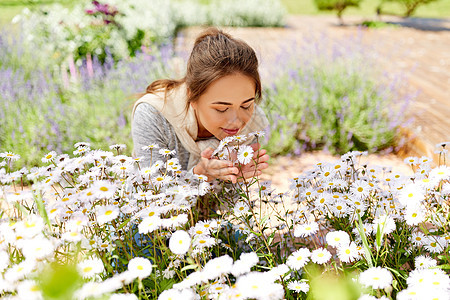 园艺人们的快乐的轻女人闻洋甘菊花夏季花园快乐的女人闻着花园里的洋甘菊花图片