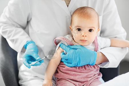 医学保健疫苗接种女儿科医生护士用注射器为临床医院的女婴病人注射疫苗医生诊所为婴儿病人制作疫苗背景图片