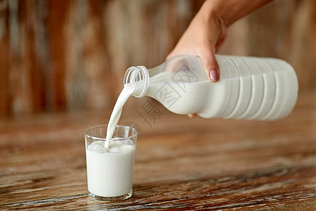 过期牛奶把牛奶从瓶子里倒在玻璃杯中背景