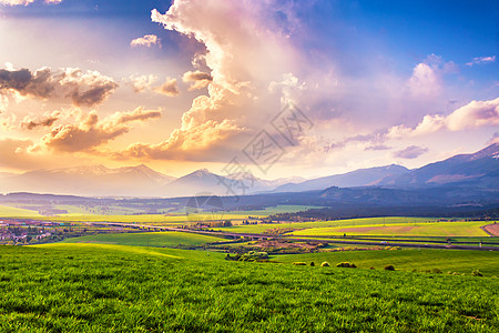 春天的山谷风景如画的绿地草地景观春天斯洛伐克Tatras山脉的全景草地,皮尼尼图片