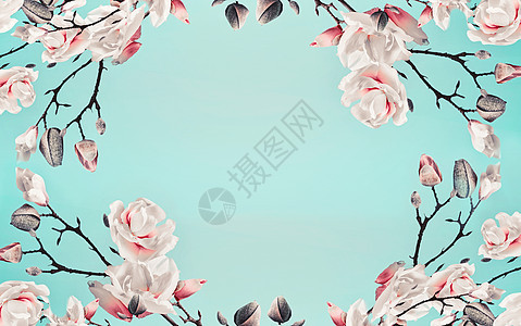 木兰粉红色花架浅蓝色绿松石背景花边花的树枝图案弹簧模板布局柔的颜色图片