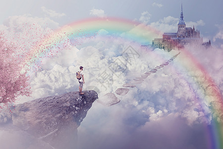 幻想世界想象的观点小男孩看着通往云上城堡的路天堂彩虹下的人生旅程图片