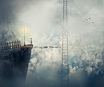 想象中的景色,就像个小男孩站云上悬崖的顶峰上,思考如何达通往天空的梯子人生旅程机会风险通往成功的象征背景图片