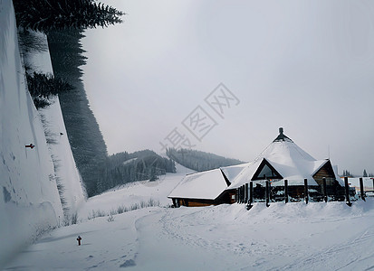 覆盖着雪的山坡上,篱笆后的树林里,靠近冬天山脉中的针叶林三维景观,假日旅程,旅游理念图片