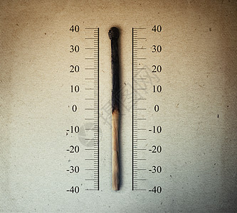 燃烧的火柴,指示刻度上的温度温度计全球变暖气温上升的图片