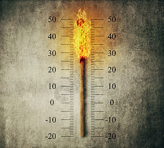 燃烧的火柴棒表示温度计刻度上的温度全球变暖气温上升的图片