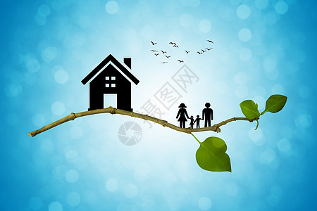 树枝上房子家庭的轮廓幸福家庭的生态生活高清图片