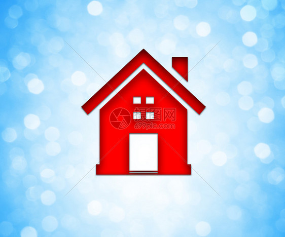 红色的房子图标蓝色的Bokeh背景上家庭,家庭观念图片