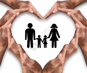 手排列成心形,孤立白色背景上,中间个家庭插图保险保护爱家庭观念图片