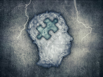 头部由云成,大脑区域内拼状心理健康符号,灰色背景上闪电图片