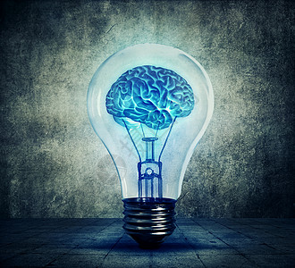 人脑灯泡里发光灰色背景上的蓝色闪光灯思想的出现,尤创造力的图片