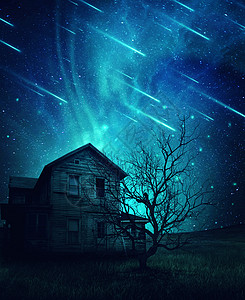 个鬼魂,鬼屋棵可怕的树草地下个寒冷的深蓝色的天空可怕的景观与星空背景坠落的彗星背景图片