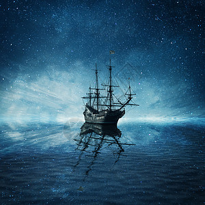艘幽灵海盗船漂浮个寒冷的深蓝色的海洋景观上,着星空背景水反射图片