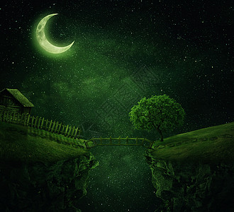 乡村形象与座连接两座山的木桥田园诗般的景色,个繁星闪烁的神奇之夜,篱笆的老木屋悬崖附近的棵树背景图片
