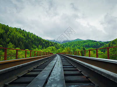 古老的铁路桥穿过山间的春天的森林美丽的风景与同色调的绿树薄雾地平线上喀尔巴阡山,亚雷姆奇,乌克兰背景图片