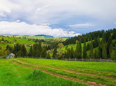 风景优美的喀尔巴阡山脉自然崎岖的道路,导致个古老的村庄的木制小屋山上阳光明媚的春天,绿色的草,开花的草地常绿的森林图片