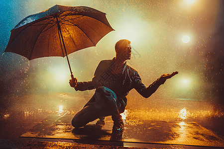 雨下带伞的轻奇怪的人背景上充满活力的灯光带雨伞的人图片