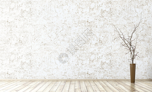 空的内部背景,房间与灰泥墙花瓶与树枝木地板上三维渲染图片