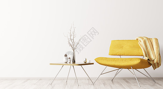 客厅内部咖啡桌黄色扶手椅3D渲染图片