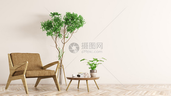 带扶手椅木制茶几扶手椅植物三维渲染的客厅现代室内图片