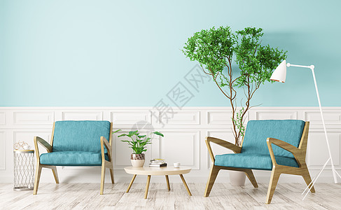 现代室内的客厅与木制茶几两把扶手椅三维渲染图片