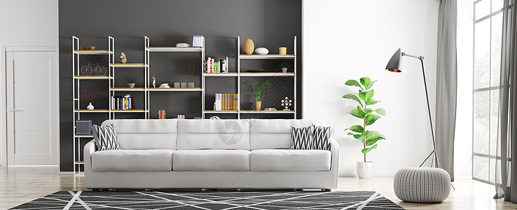黑色和白色现代客厅内部与沙发3D渲染背景