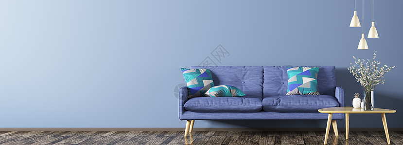 客厅内部蓝色沙发,木制茶几,花瓶灯具全景三维渲染图片