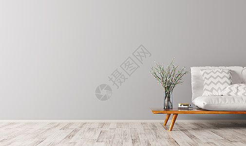 客厅内部白色沙发,斯堪的纳维亚风格,3D渲染背景