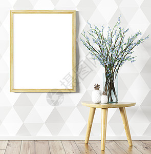 房间内部背景,模拟海报璃花瓶与花枝桌子上白色镶板墙,3D渲染图片