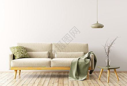 现代室内客厅与天鹅绒沙发,木制茶几灯3D渲染图片