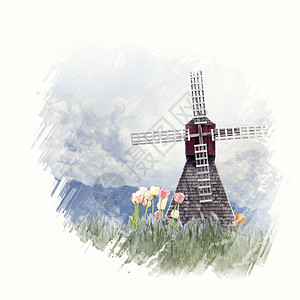 风车郁金香的数字绘画风车郁金香水彩画图片