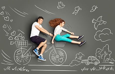 黑板鸽子素材快乐情人节的爱情故事,浪漫的夫妇粉笔画背景的农村男骑着他的女朋友前的自行车篮子里背景