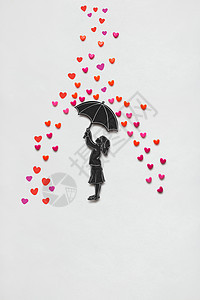 创意情人节照片,个女孩与伞雨心白色背景背景图片
