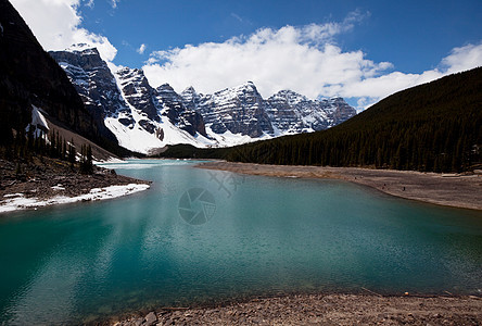 美丽的绿松石水域的冰碛湖,白雪覆盖的山峰加大夫公园图片