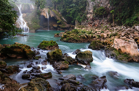 危地马拉的游泳池美丽的天然游泳池SEMUCChampey,兰金,危地马拉,洲背景