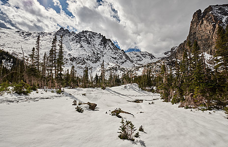 雪景与岩石山脉秋天与多云的天空美国科罗拉多州洛基山公园图片