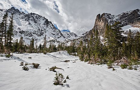 雪景与岩石山脉秋天与多云的天空美国科罗拉多州洛基山公园图片