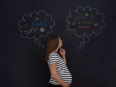 轻的孕妇想着她未出生的孩子的名字,把它们写黑板上孕妇黑板前思考图片