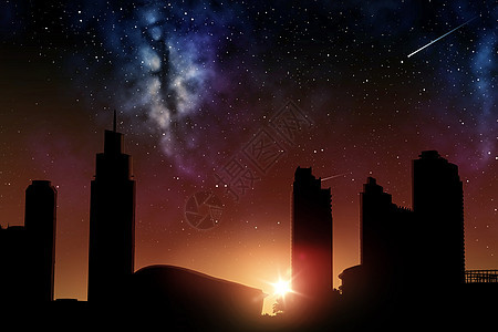 未来未来主义城市摩天大楼日出的夜空背景未来主义的城市摩天大楼太空日出之上图片