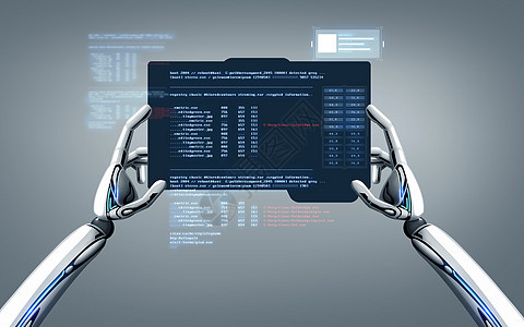科学未来技术机器人手编程平板电脑灰色背景机器人手编程平板电脑超过灰色背景图片
