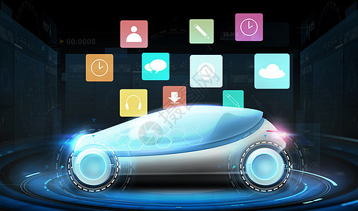 运输,多媒体未来技术未来主义车与虚拟菜单图标黑色背景虚拟菜单图标的未来车图片