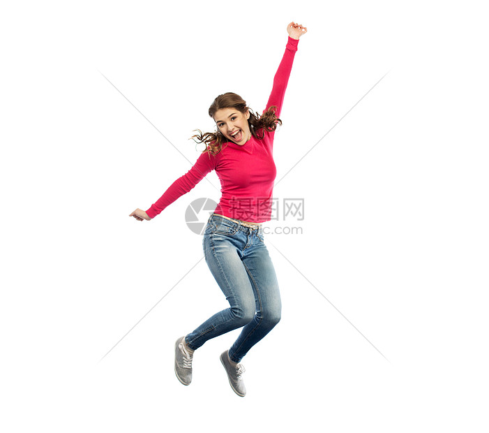 ‘~幸福,自由,运动人的微笑的轻表妹白色的背景上跳跃微笑的轻表妹空中跳跃  ~’ 的图片