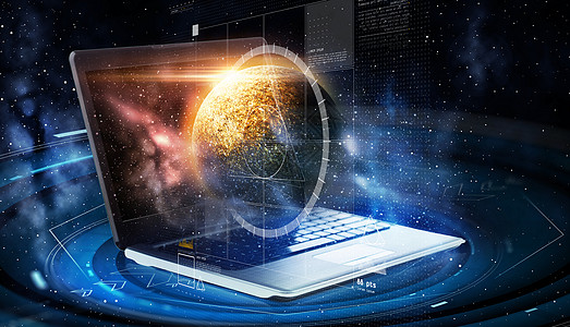 天文学未来技术带虚拟行星全息图的笔记本电脑带虚拟行星全息图的笔记本电脑图片