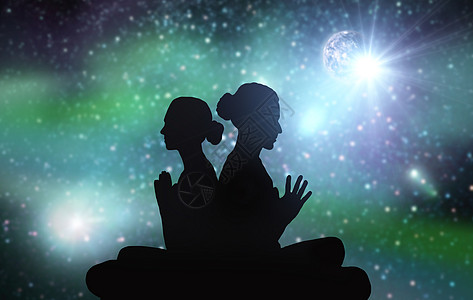 瑜伽,正念谐黑色轮廓的夫妇冥想背景夫妇太空冥想的黑色轮廓夫妇太空冥想的黑色轮廓图片