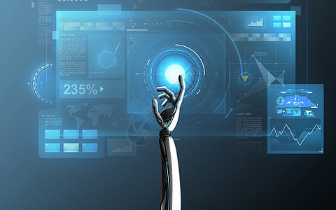 科学,未来技术进步机器人手触摸虚拟屏幕蓝色背景机器人手触摸蓝色的虚拟屏幕机器人手触摸蓝色的虚拟屏幕图片