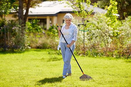 园艺人的快乐的老年女子与草坪耙工作夏季花园草坪耙的老年女子花园工作图片
