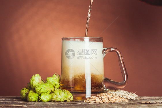 木制桌子上啤酒花大麦的杯啤酒杯啤酒图片