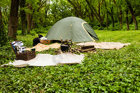 野餐日与游客绿色露营帐篷锅火灾户外露营地点树林娱乐活动户外旅游图片