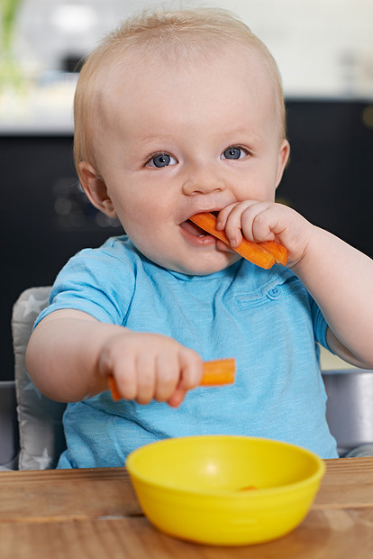 快乐的蹒跚学步的孩子坐桌子旁吃新鲜的胡萝卜图片