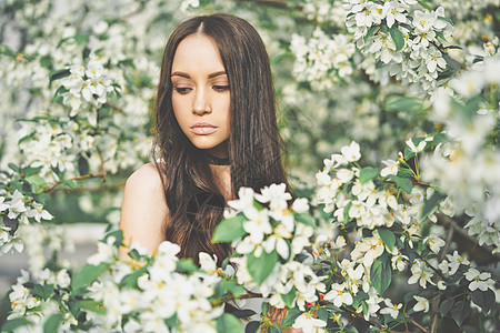 户外时尚照片,美丽的轻女人被苹果树的花包围春天开花了夏天的气氛图片